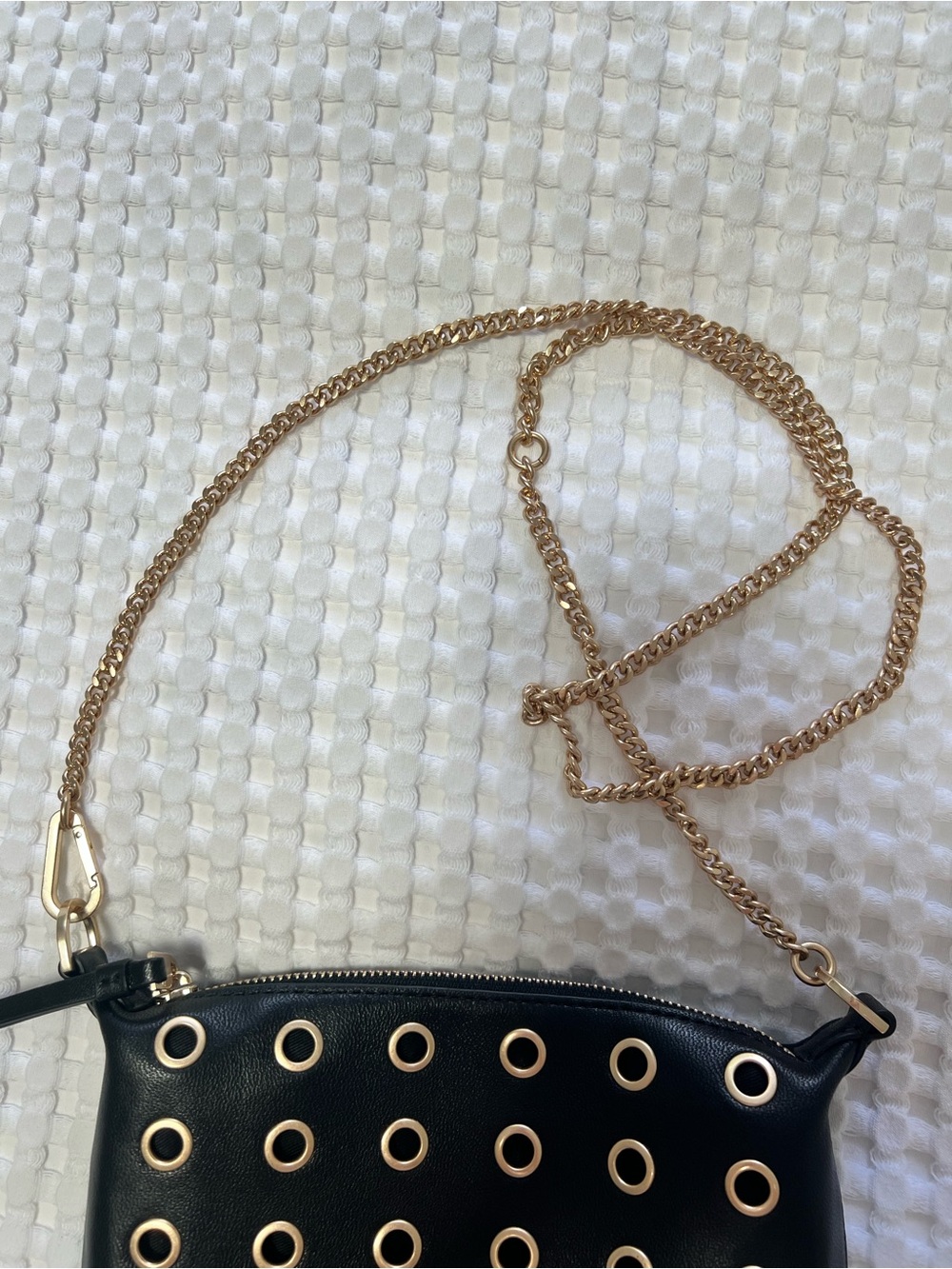 AllSaints Evaline Eyelet Leather Crossbody Bag Black Gold Chain - Picture 5 of 14